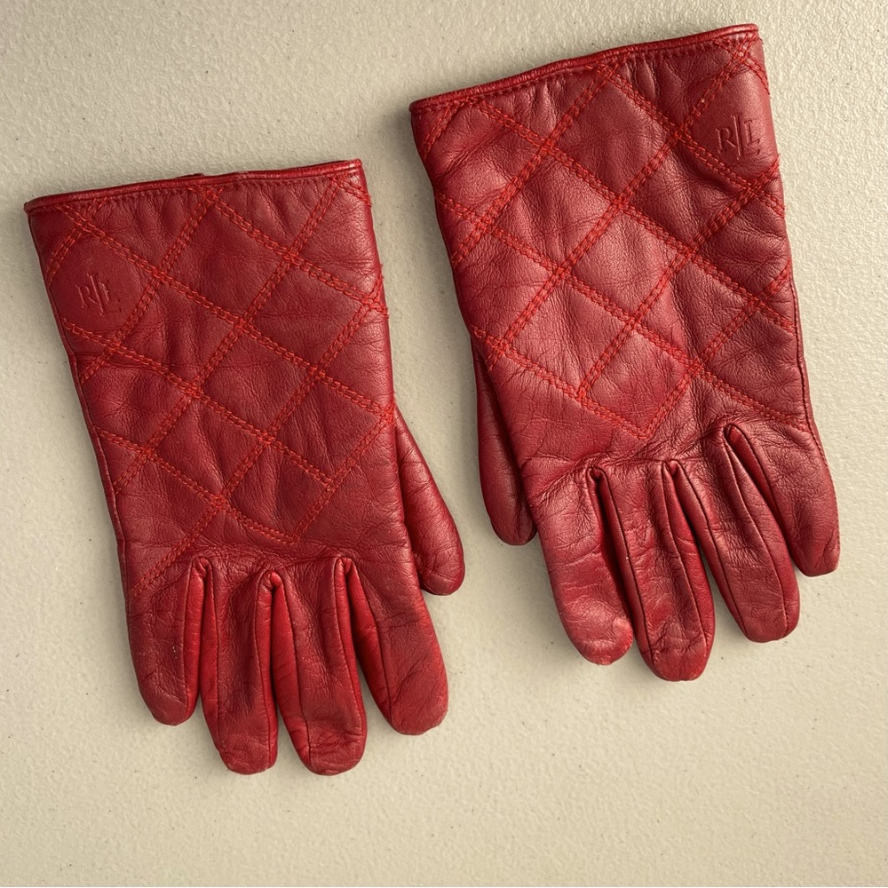 Lauren Ralph Lauren LRL Logo Red 100% Leather Gloves Size Large Lined